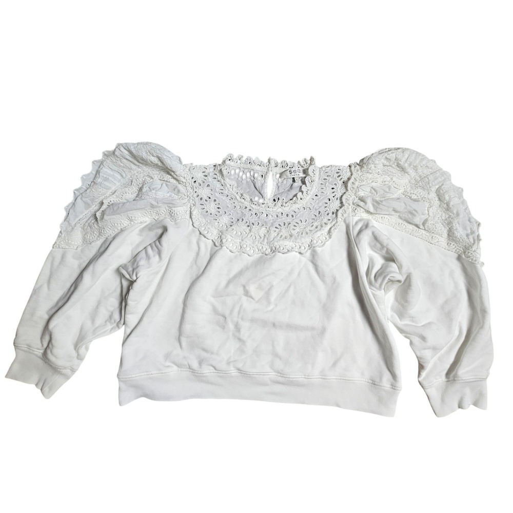 Sea New York Eyelet Lace Trim Puff Sleeve Cropped Blouse Top L Basic Soft Girl
